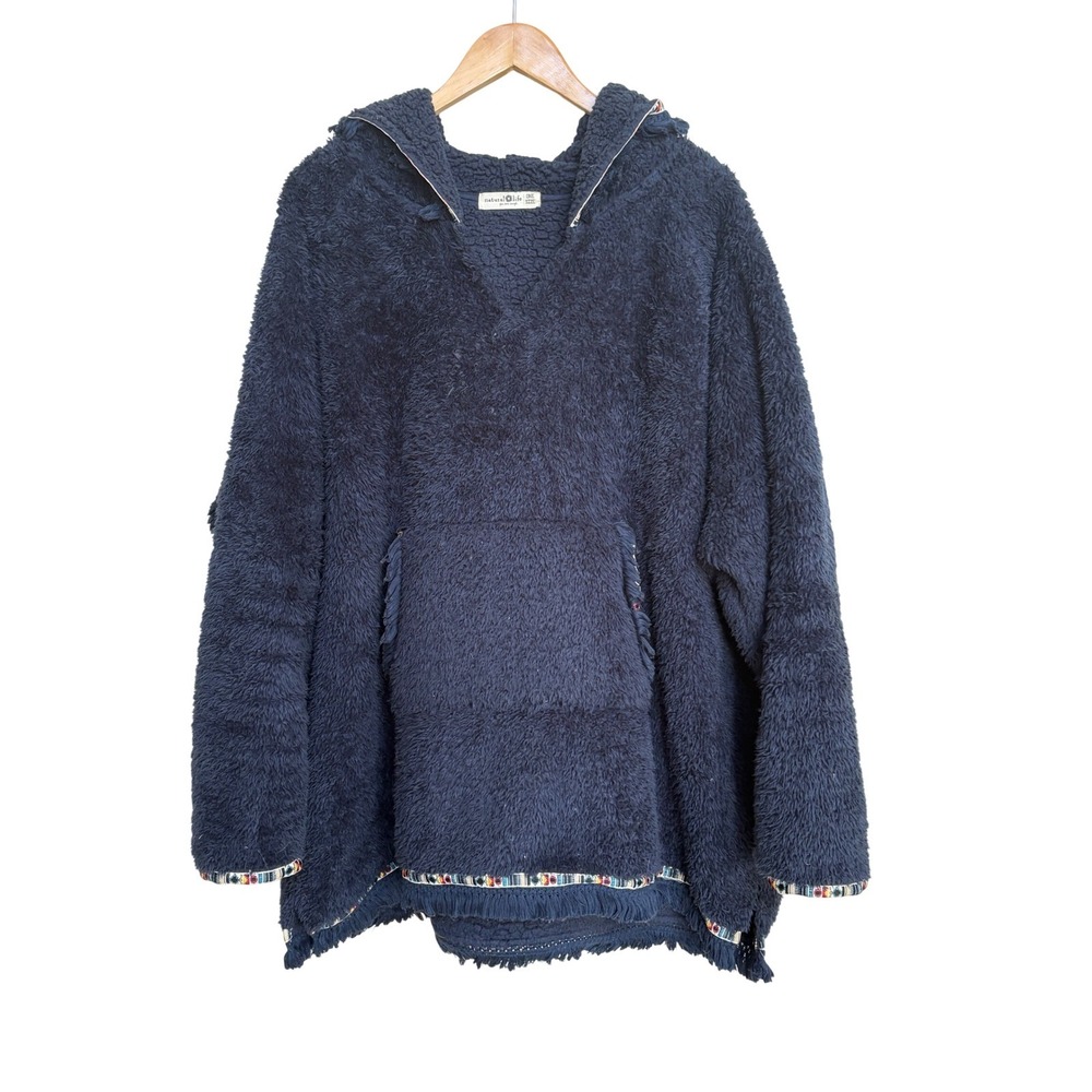 Natural Life Sherpa Hoodie Poncho Pullover Navy Blue Fringe Embroidered One Size